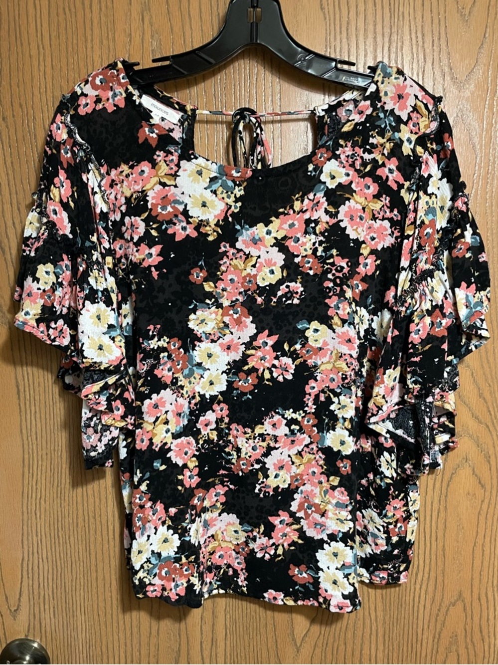 Black Floral Blouse with Ruffle Sleeves and Pink and White Print